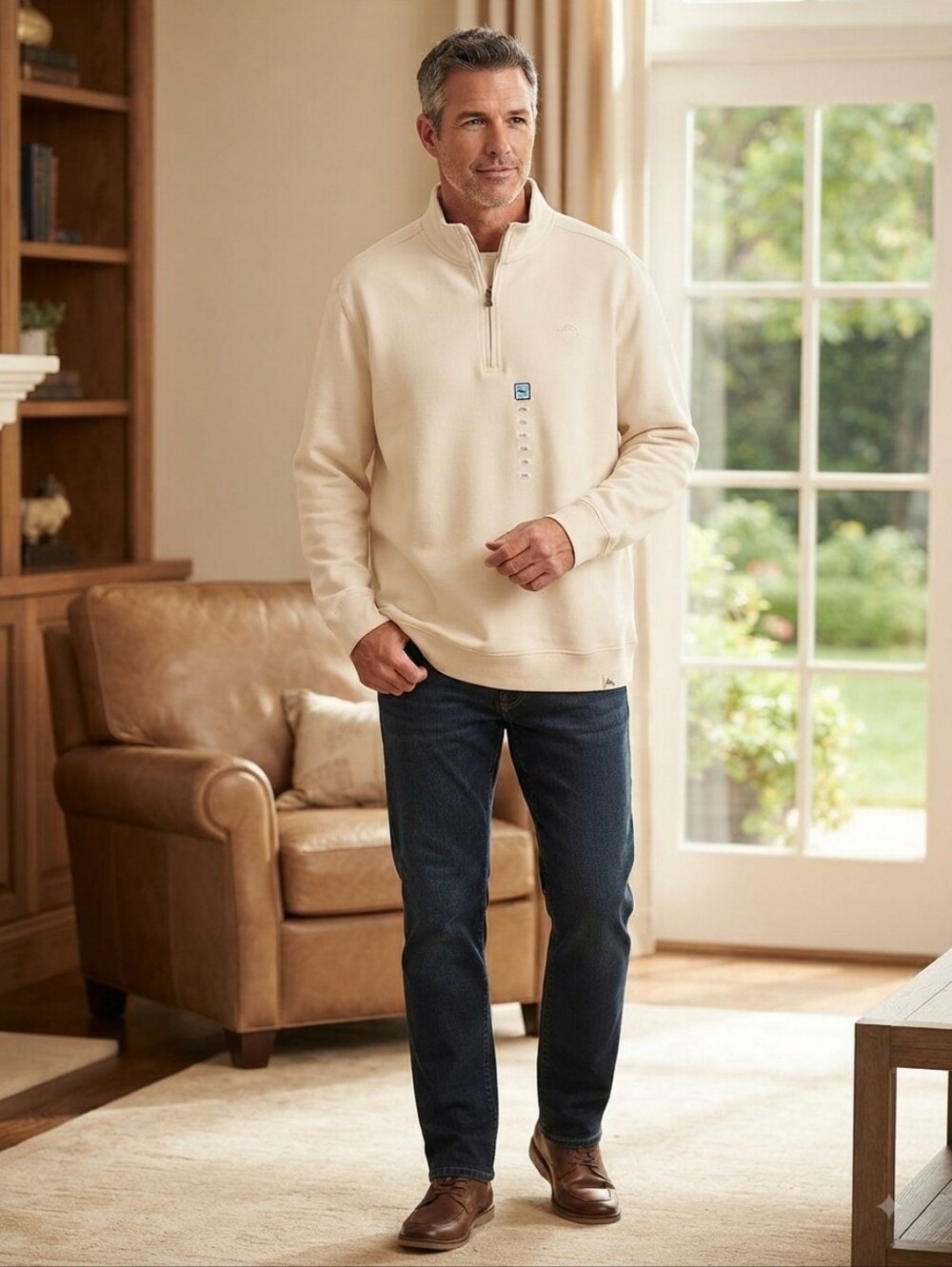 Men's Quarter-Zip Pullover Sweater in Cream
